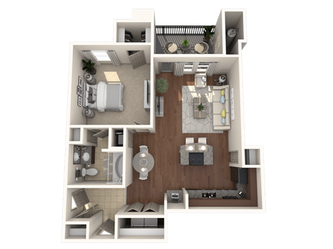 A 3D floor plan of a house showing a kitchen, living room, dining room, and bathrooms.